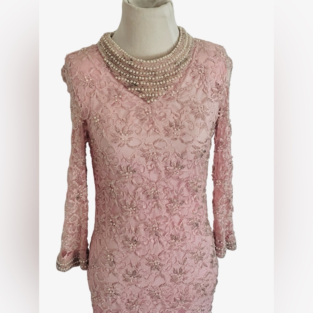 Vintage Jeri Jo Pink Cocktail Formal Dress Women Sz XS Beaded Faux Pearl Collar